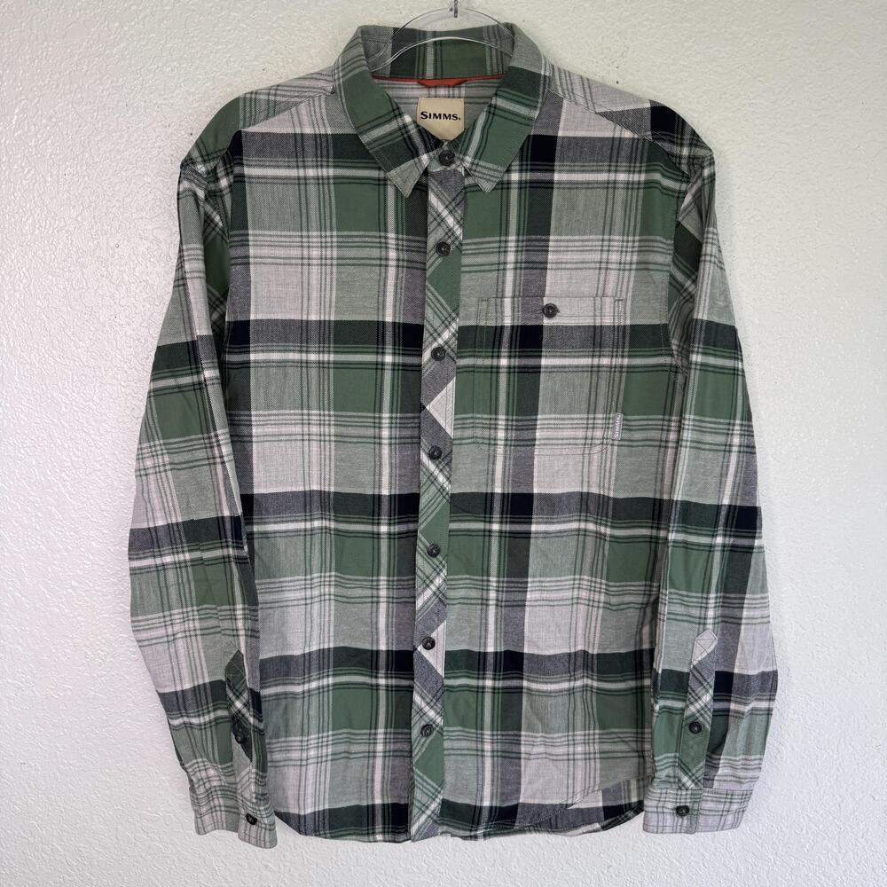 Simms Shirt Mens Medium Plaid Button Up Green Cotton Long Sleeve Casual Fall